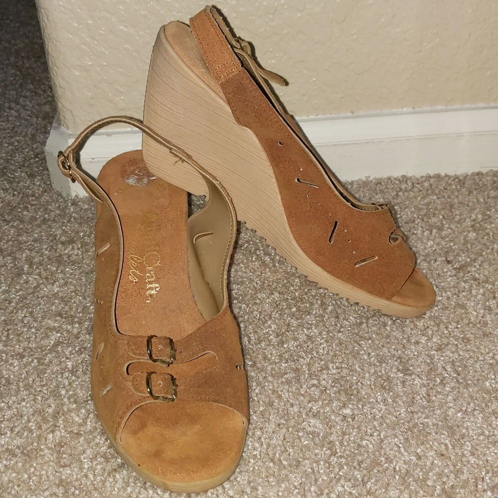 Vintage Qualicraft Suede Leather Wedge Heels Strappy 6 Camel Brown